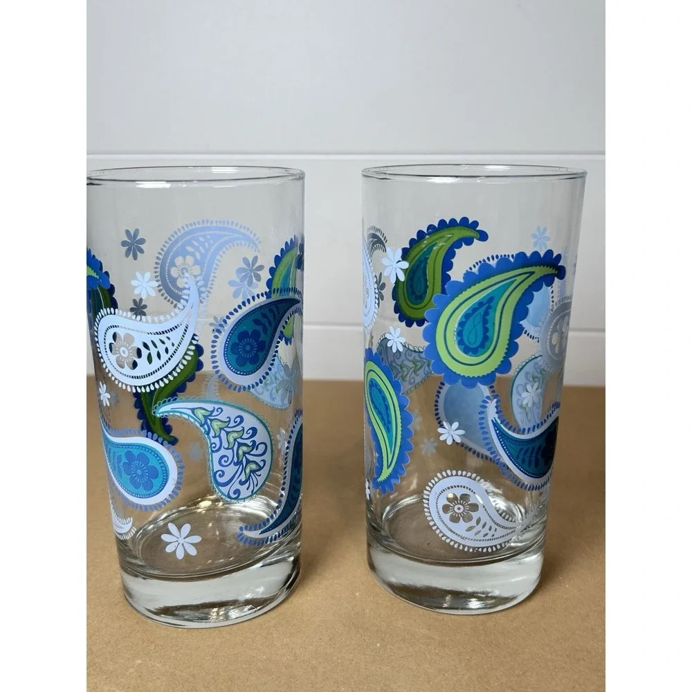 Libbey CRISA Blue Paisley 16oz‎ Glass Tumblers (Set of 2) Vintage